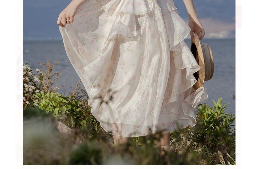 Short-Sleeve Square Neck Floral Maxi A-Line Dress