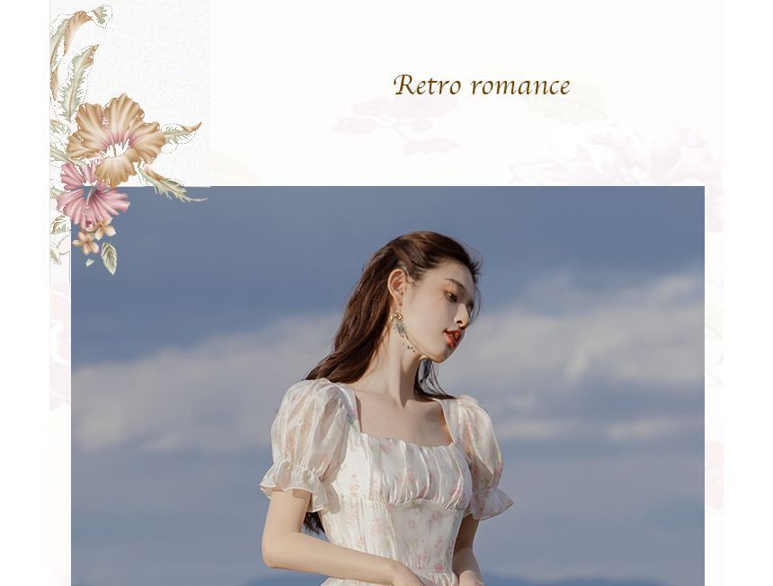 Short-Sleeve Square Neck Floral Maxi A-Line Dress