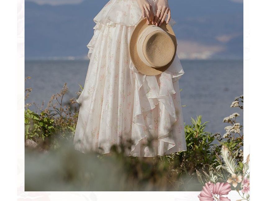 Short-Sleeve Square Neck Floral Maxi A-Line Dress