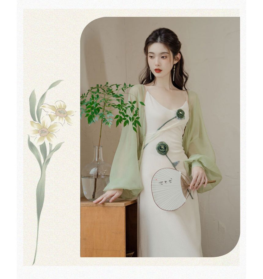 Set: Spaghetti Strap Flower Midi A-Line Dress + Light Jacket