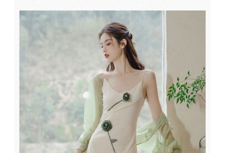 Set: Spaghetti Strap Flower Midi A-Line Dress + Light Jacket