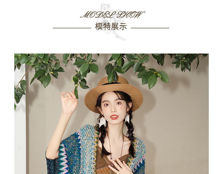 Spaghetti Strap V-Neck Lace Midi A-Line Dress / Pattern Shawl / Set