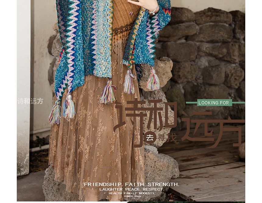 Spaghetti Strap V-Neck Lace Midi A-Line Dress / Pattern Shawl / Set