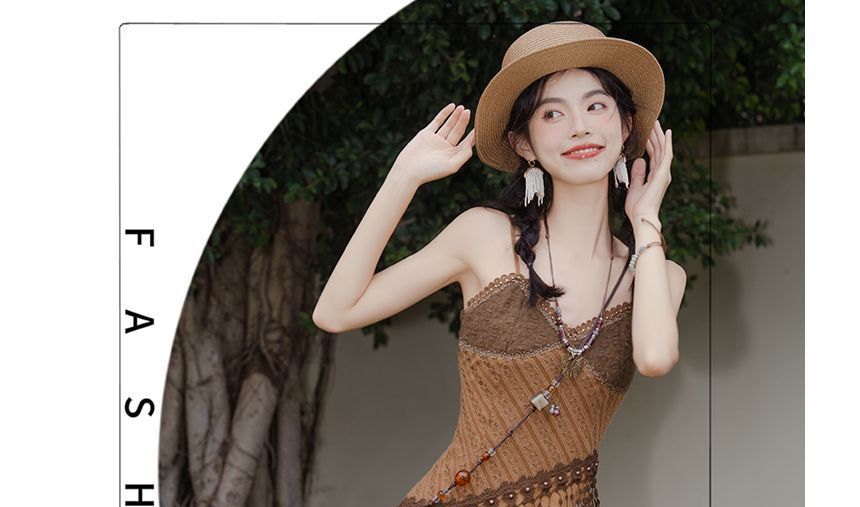 Spaghetti Strap V-Neck Lace Midi A-Line Dress / Pattern Shawl / Set