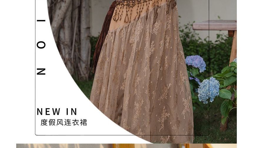 Spaghetti Strap V-Neck Lace Midi A-Line Dress / Pattern Shawl / Set