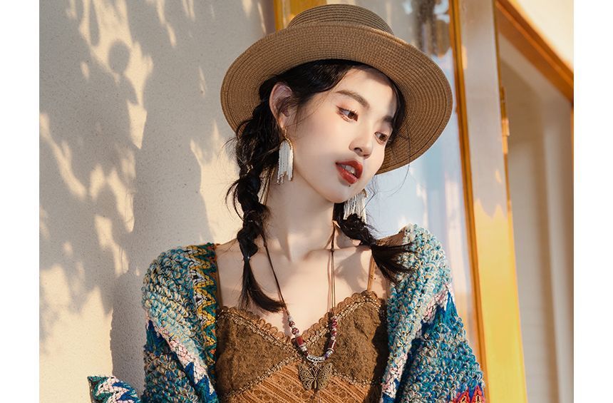 Spaghetti Strap V-Neck Lace Midi A-Line Dress / Pattern Shawl / Set