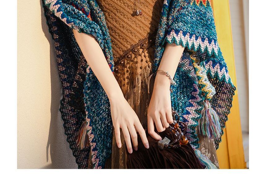 Spaghetti Strap V-Neck Lace Midi A-Line Dress / Pattern Shawl / Set