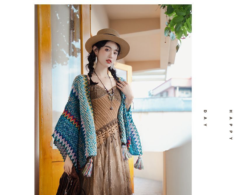 Spaghetti Strap V-Neck Lace Midi A-Line Dress / Pattern Shawl / Set