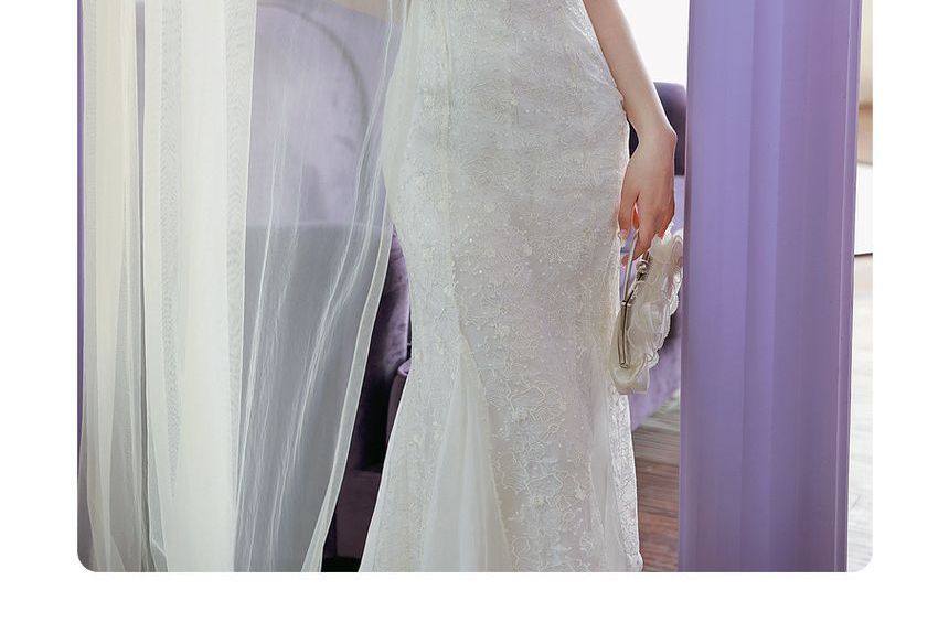 Cap-Sleeve Stand Collar Lace Maxi Mermaid Dress