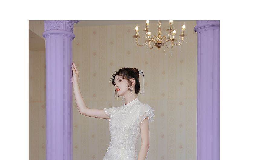 Cap-Sleeve Stand Collar Lace Maxi Mermaid Dress