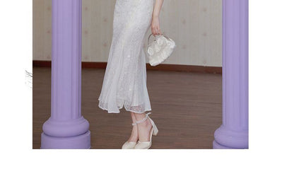 Cap-Sleeve Stand Collar Lace Maxi Mermaid Dress
