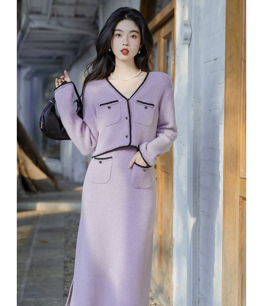 Set: Spaghetti Strap Contrast Trim Ribbed Heart Buttoned Midi Sheath Knit Dress + V-Neck Button-Up Crop Cardigan