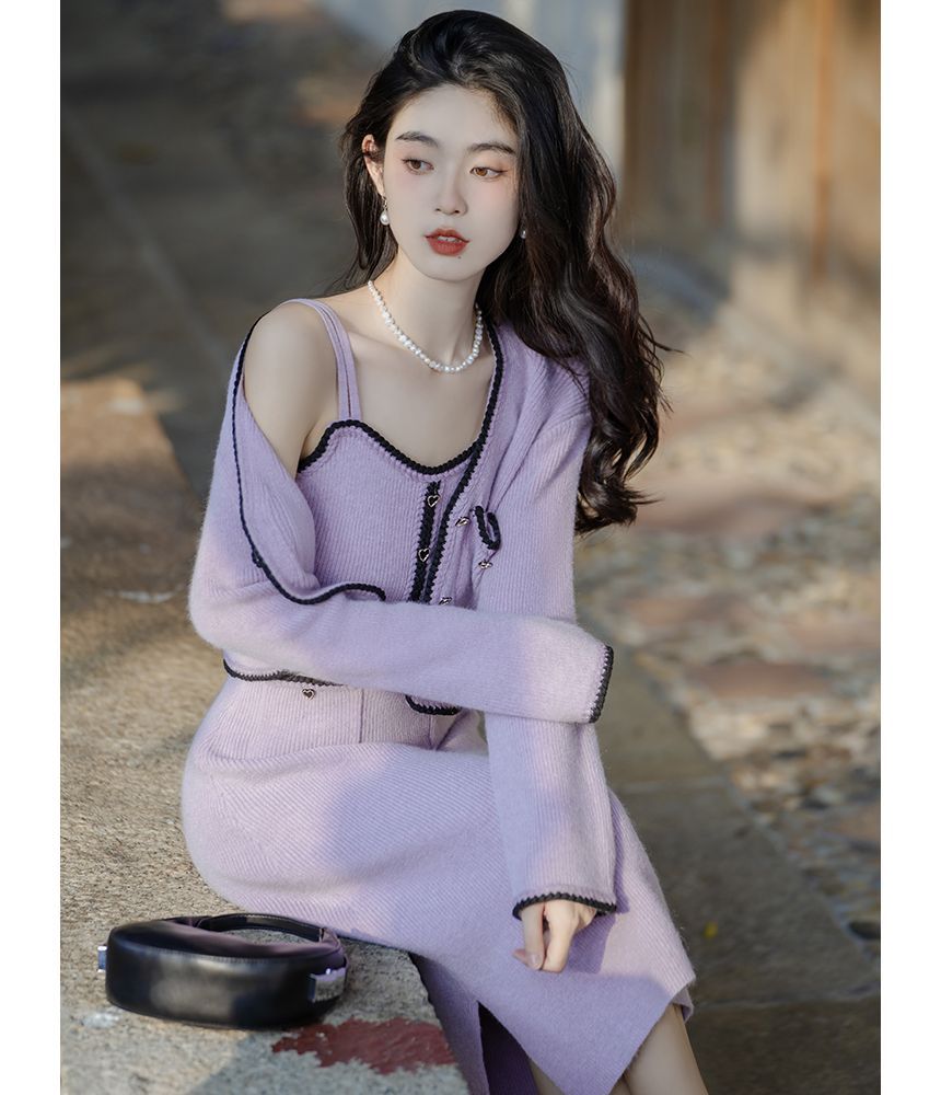 Set: Spaghetti Strap Contrast Trim Ribbed Heart Buttoned Midi Sheath Knit Dress + V-Neck Button-Up Crop Cardigan