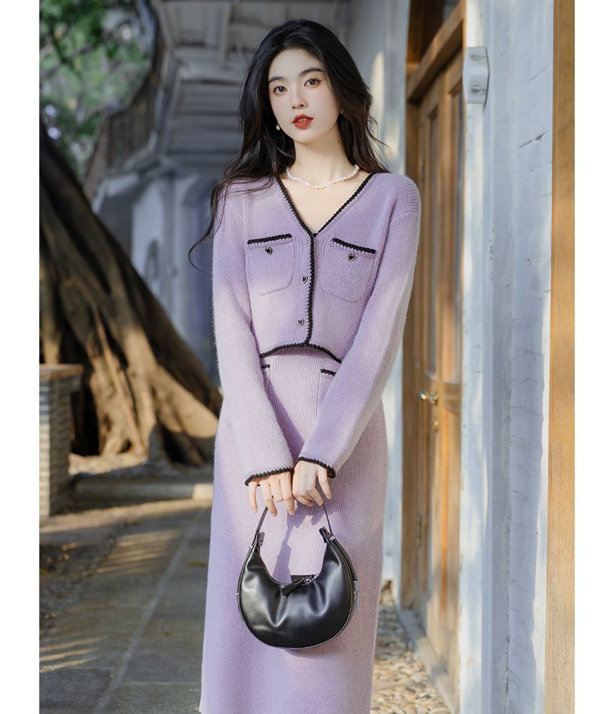 Set: Spaghetti Strap Contrast Trim Ribbed Heart Buttoned Midi Sheath Knit Dress + V-Neck Button-Up Crop Cardigan