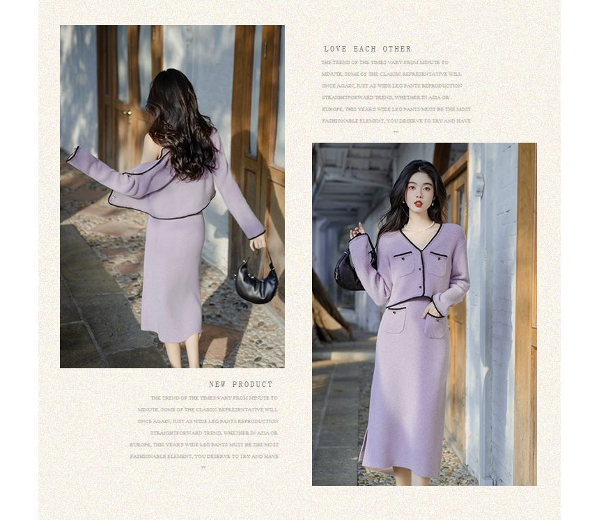 Set: Spaghetti Strap Contrast Trim Ribbed Heart Buttoned Midi Sheath Knit Dress + V-Neck Button-Up Crop Cardigan