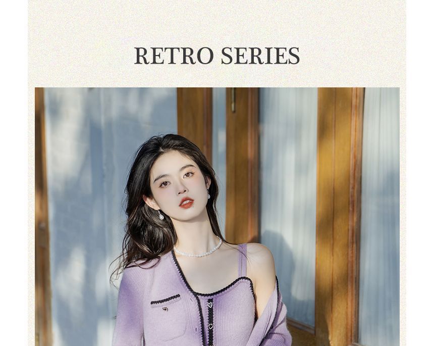 Set: Spaghetti Strap Contrast Trim Ribbed Heart Buttoned Midi Sheath Knit Dress + V-Neck Button-Up Crop Cardigan