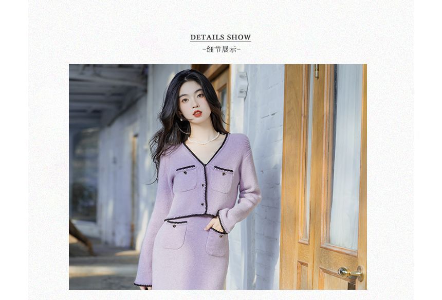 Set: Spaghetti Strap Contrast Trim Ribbed Heart Buttoned Midi Sheath Knit Dress + V-Neck Button-Up Crop Cardigan