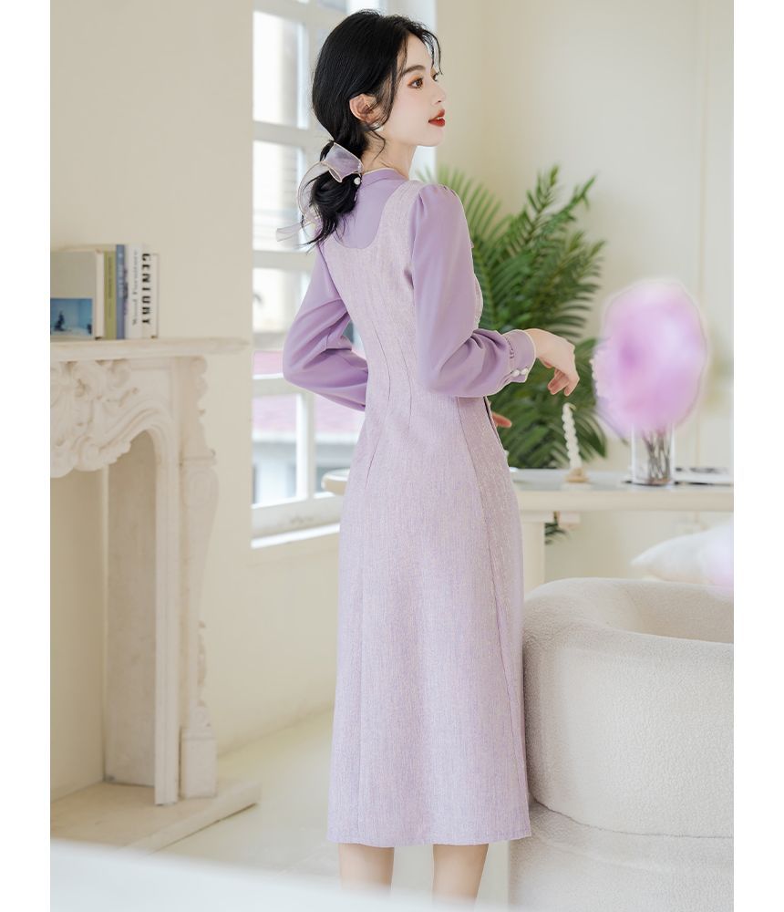 Long-Sleeve Tie-Neck Mock Two-Piece Faux Pearl Buttoned Midi A-Line Dress