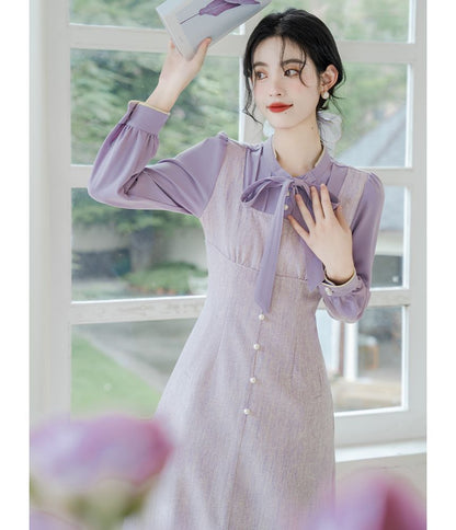 Long-Sleeve Tie-Neck Mock Two-Piece Faux Pearl Buttoned Midi A-Line Dress