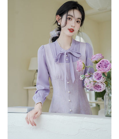 Long-Sleeve Tie-Neck Mock Two-Piece Faux Pearl Buttoned Midi A-Line Dress