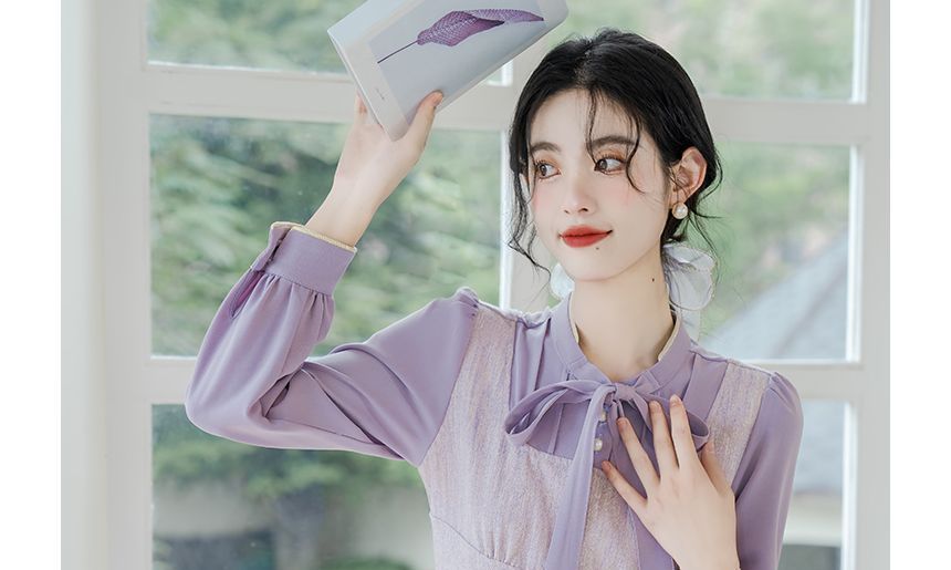 Long-Sleeve Tie-Neck Mock Two-Piece Faux Pearl Buttoned Midi A-Line Dress