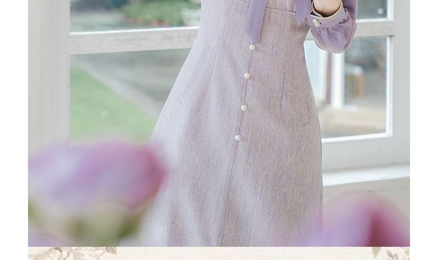 Long-Sleeve Tie-Neck Mock Two-Piece Faux Pearl Buttoned Midi A-Line Dress