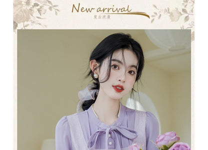 Long-Sleeve Tie-Neck Mock Two-Piece Faux Pearl Buttoned Midi A-Line Dress