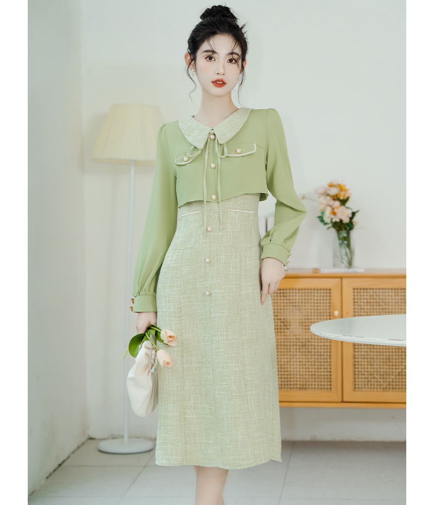 Long-Sleeve Collared Mock Two-Piece Tweed Panel Faux Pearl Buttoned Midi A-Line Dress