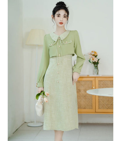 Long-Sleeve Collared Mock Two-Piece Tweed Panel Faux Pearl Buttoned Midi A-Line Dress