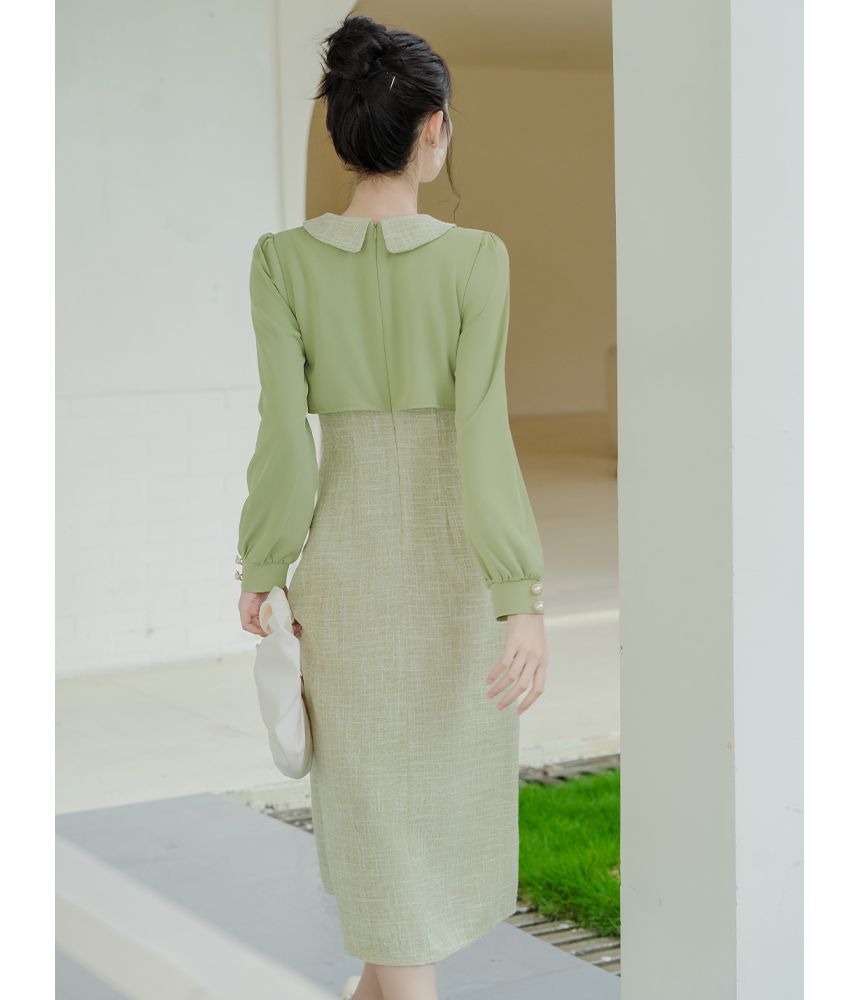 Long-Sleeve Collared Mock Two-Piece Tweed Panel Faux Pearl Buttoned Midi A-Line Dress