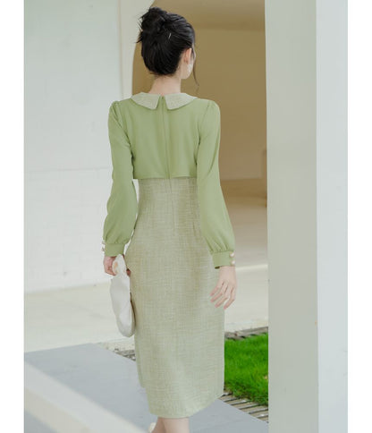 Long-Sleeve Collared Mock Two-Piece Tweed Panel Faux Pearl Buttoned Midi A-Line Dress
