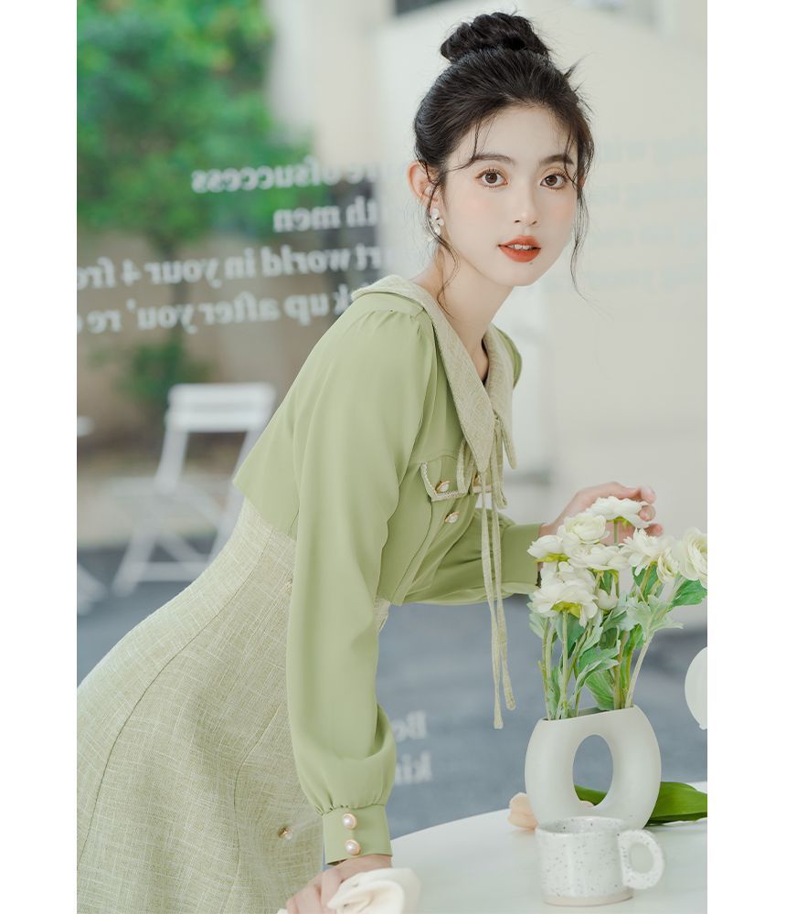 Long-Sleeve Collared Mock Two-Piece Tweed Panel Faux Pearl Buttoned Midi A-Line Dress