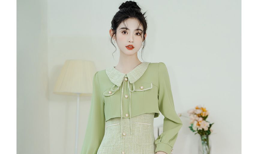 Long-Sleeve Collared Mock Two-Piece Tweed Panel Faux Pearl Buttoned Midi A-Line Dress