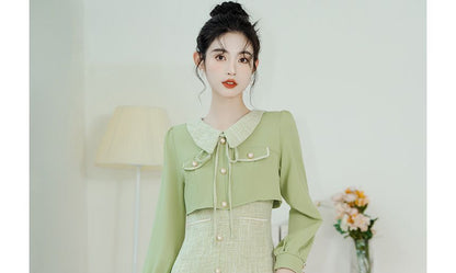 Long-Sleeve Collared Mock Two-Piece Tweed Panel Faux Pearl Buttoned Midi A-Line Dress