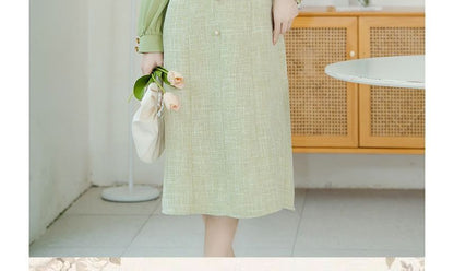 Long-Sleeve Collared Mock Two-Piece Tweed Panel Faux Pearl Buttoned Midi A-Line Dress