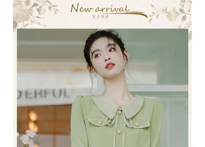 Long-Sleeve Collared Mock Two-Piece Tweed Panel Faux Pearl Buttoned Midi A-Line Dress