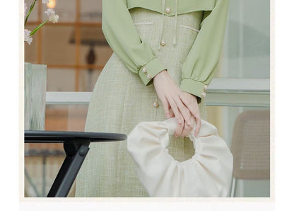 Long-Sleeve Collared Mock Two-Piece Tweed Panel Faux Pearl Buttoned Midi A-Line Dress