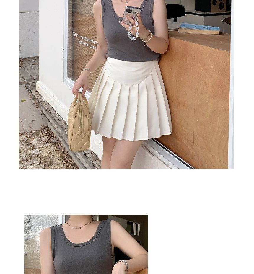 Mid Waist Plain Mini Pleated Skirt