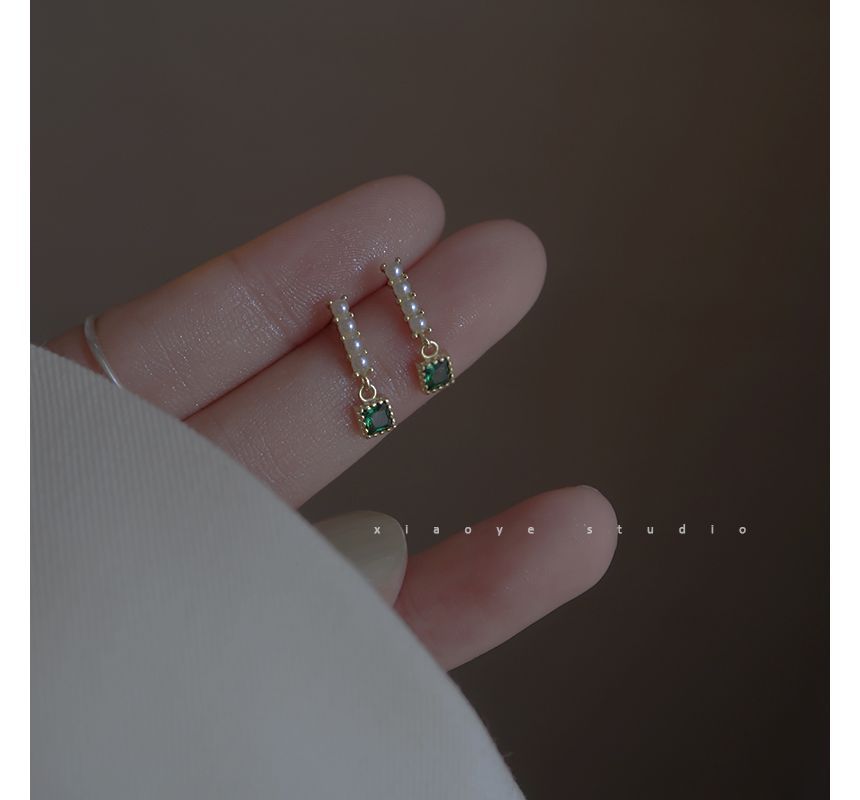 Drop Alloy Earring Rhinestone Square Faux Pearl