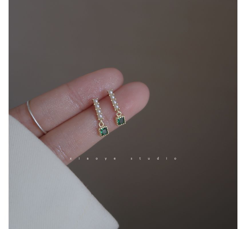 Drop Alloy Earring Rhinestone Square Faux Pearl
