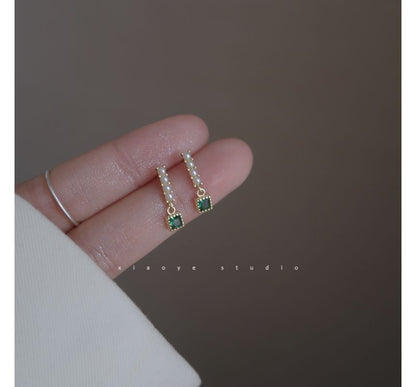 Drop Alloy Earring Rhinestone Square Faux Pearl