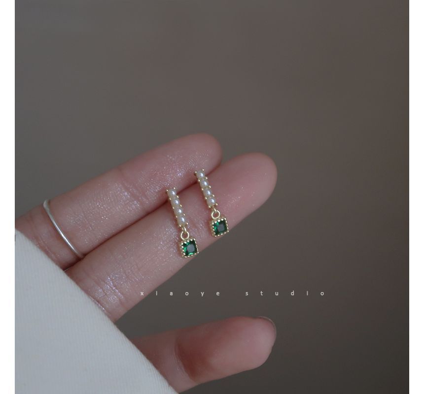 Drop Alloy Earring Rhinestone Square Faux Pearl