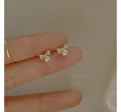 Bow Pearl Earring Sterling Rhinestone Silver Faux Stud