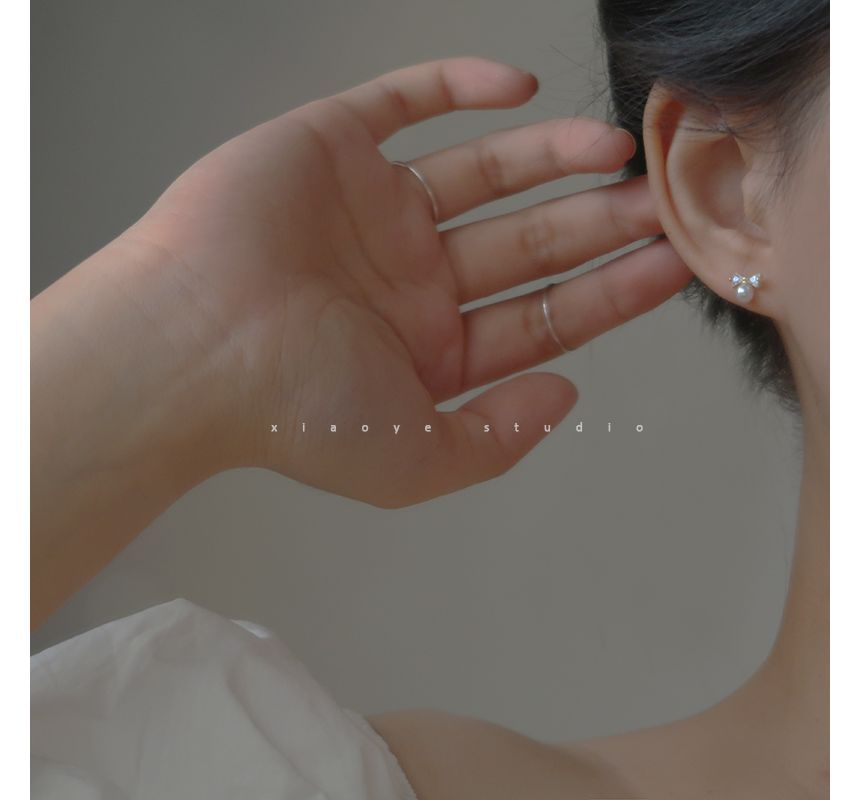 Bow Pearl Earring Sterling Rhinestone Silver Faux Stud