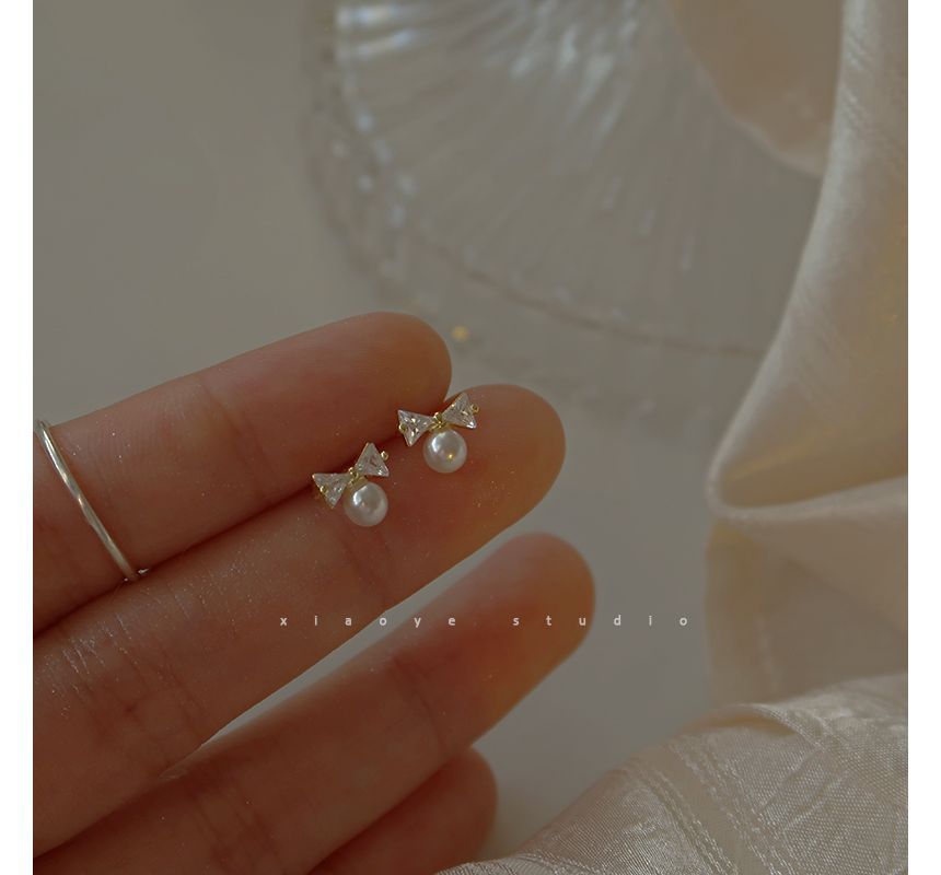 Bow Pearl Earring Sterling Rhinestone Silver Faux Stud