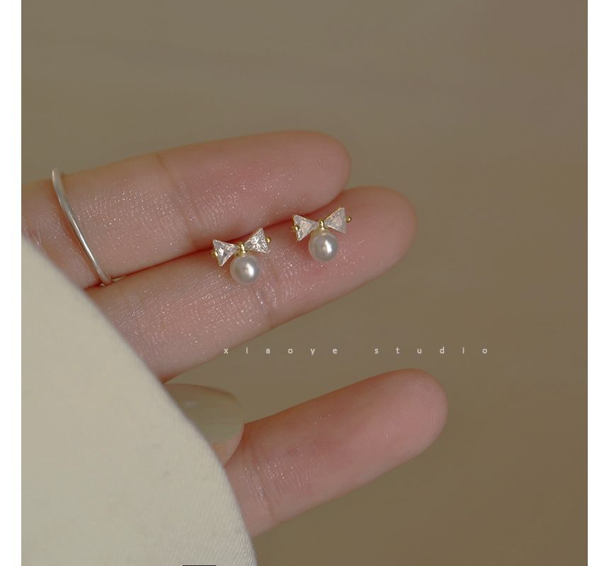Bow Pearl Earring Sterling Rhinestone Silver Faux Stud