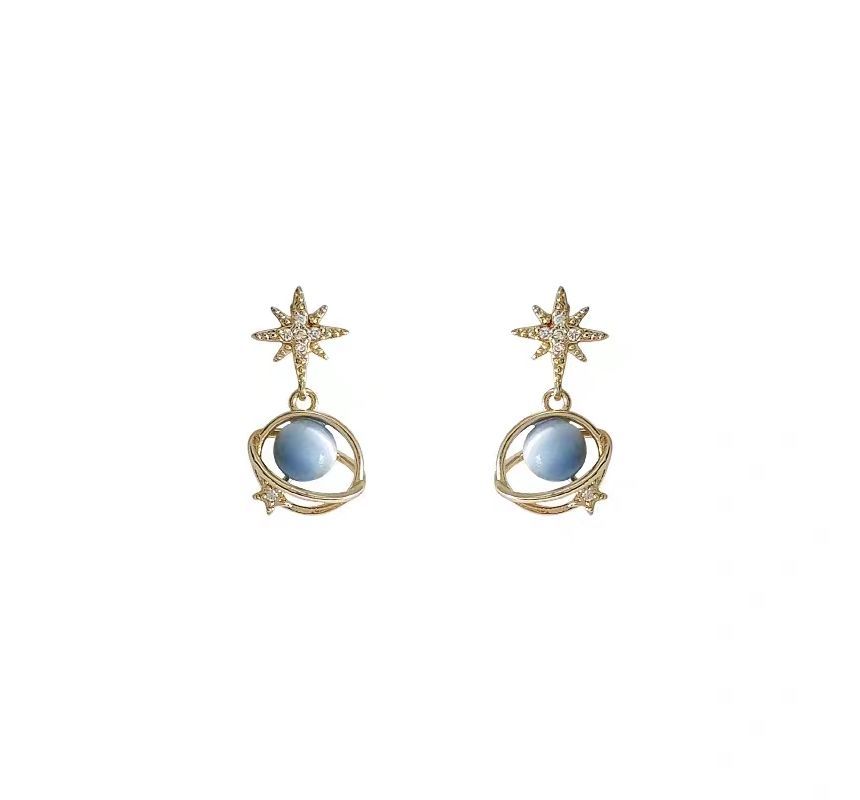 Stone Faux Cat Eye Drop Star Rhinestone Planet Earring Alloy