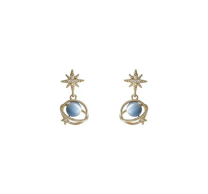 Stone Faux Cat Eye Drop Star Rhinestone Planet Earring Alloy