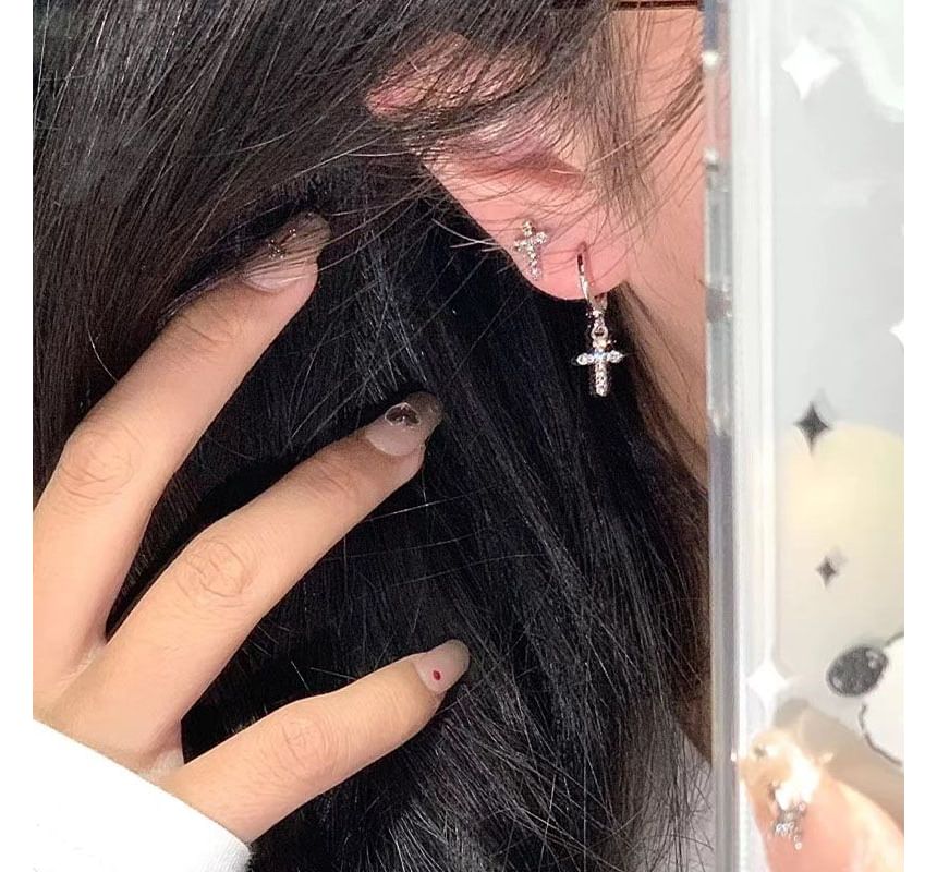 Asymmetrical Cross Earring Rhinestone Alloy Drop