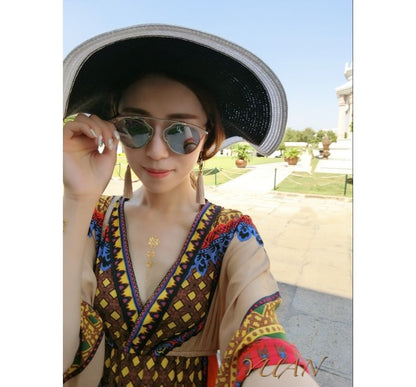 Elbow-Sleeve V-Neck Patterned Print Maxi A-Line Dress